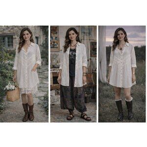 Free People Women Stripe Eyelet Tunic Tunic Ivory S Cottagecore fairy Indie Boho